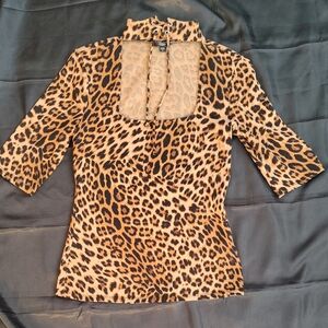 Guess Leopard Print Top With Lace Up Neck Detail
